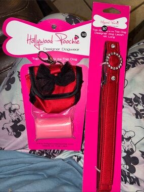Red Satin Dog Leash & Waste Bag Holder